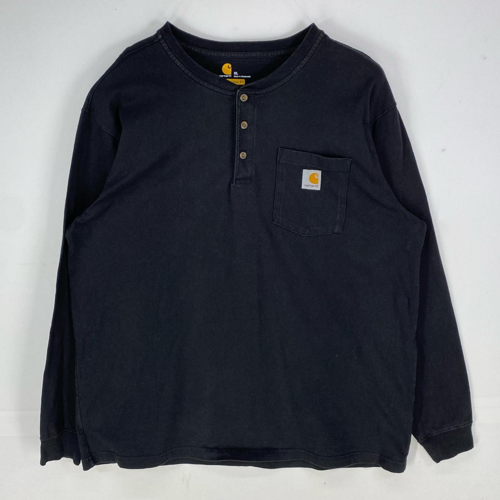 古着 カーハート Carhartt 長袖Tシャツ 胸ポケット ハーフボタン ワンポイントロゴ ロンT XL ブラック系 メンズ
