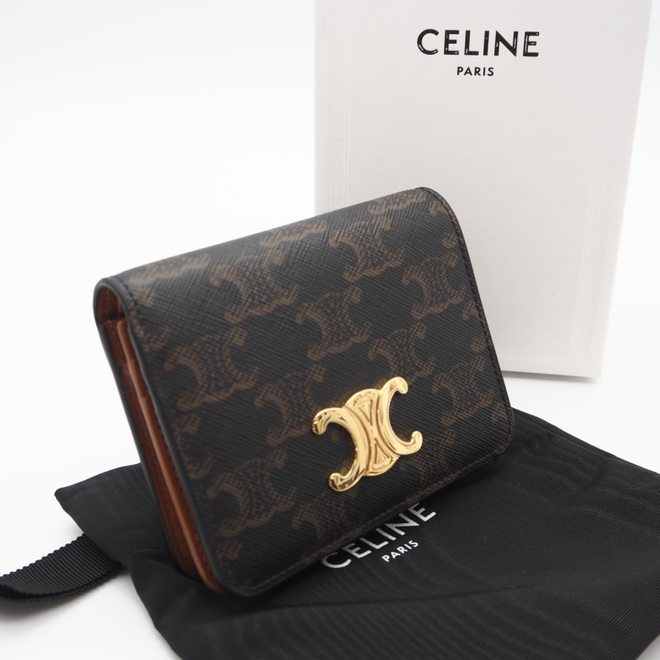 極美品 CELINE セリーヌ トリオンフキャンバス コンパクトウォレット 10K622CQH.04LU 二つ折り財布 ブラウン ベージュ  ブルー コーティングキャンバス レディース