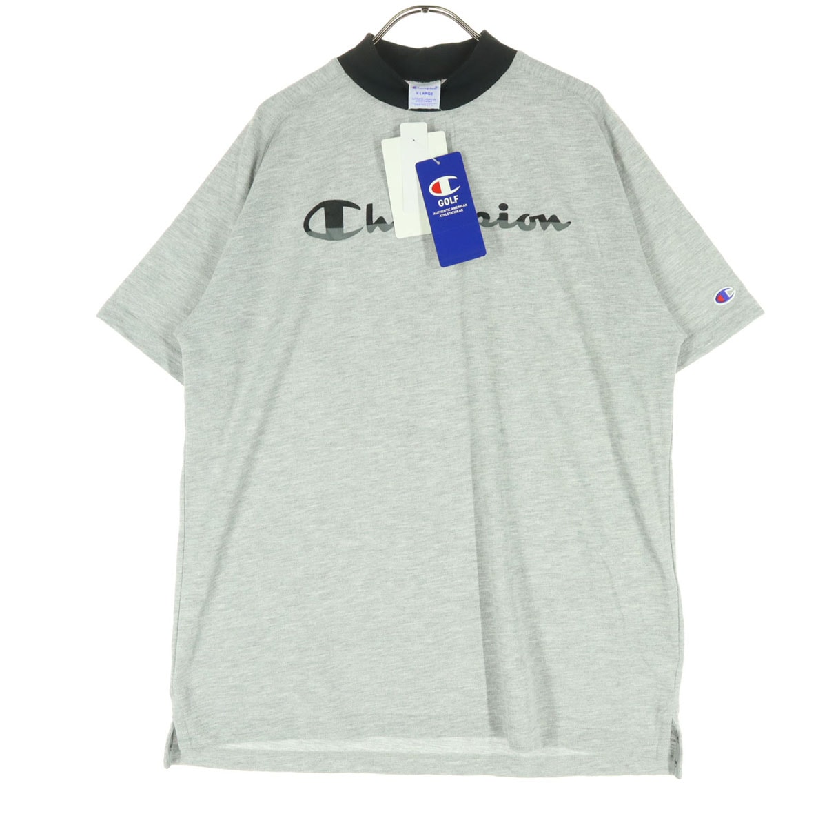 未使用 Champion チャンピオン ワンポイントロゴ 半袖 モックネック Tシャツ XL ライトグレー 抗菌防臭