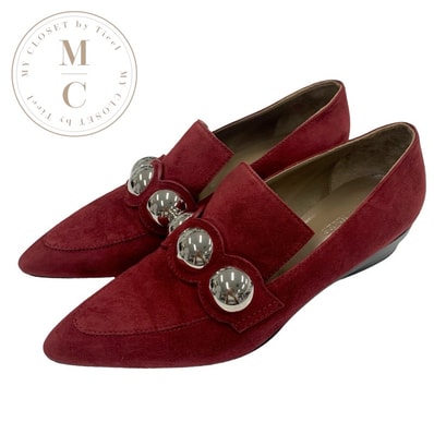 エルメス HERMES パンプス 靴 シューズ スエード ボルドー シルバー 丸スタッズ フラットパンプス