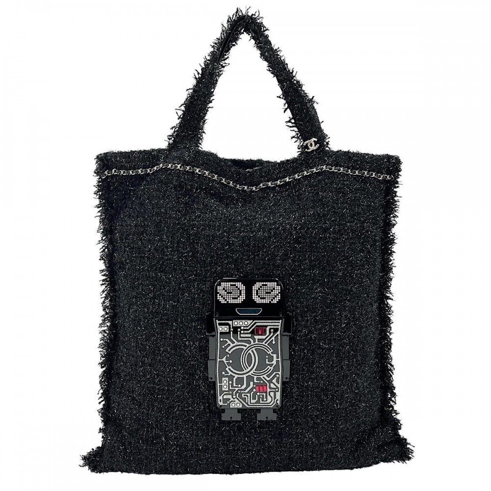 CHANEL シャネル トートバッグ 肩掛け ロボット ラージショッピングトート ココマーク ハンドバッグ ツイード    ブラック 黒 シルバー金具 レディース 美品【中古品】