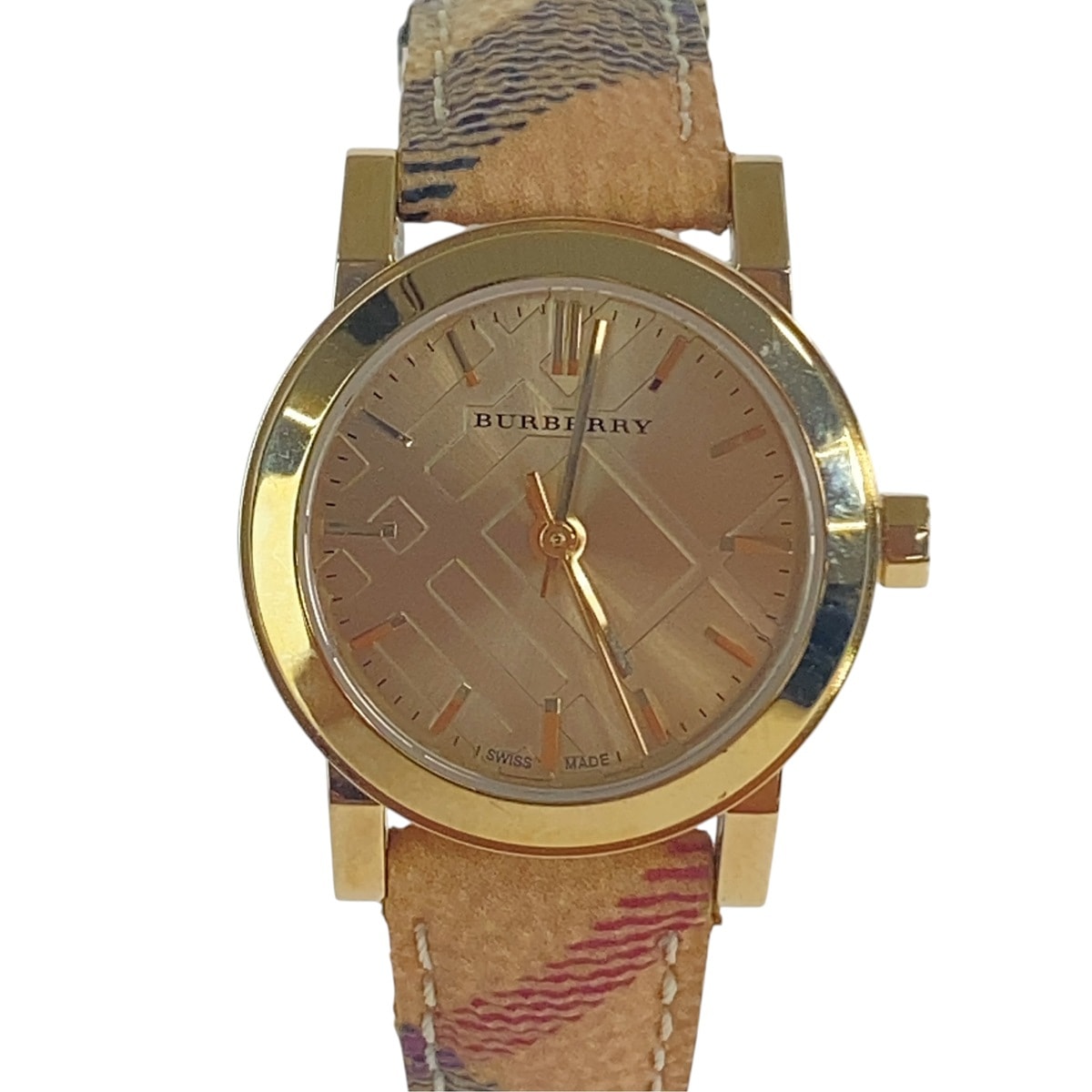 美品 BURBERRY バーバリー チェック柄 ゴールド ベージュ メタル レザー/ 腕時計 クオーツ シャンパンゴールド文字盤 1-0289042 【中古】