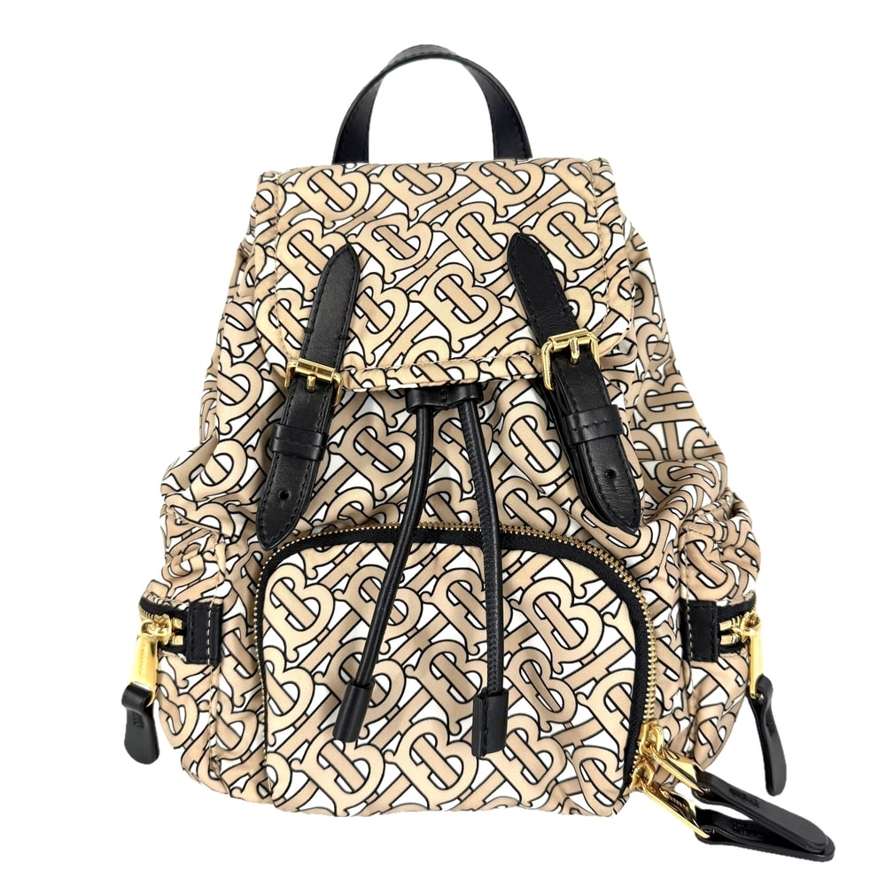 BURBERRY バーバリー リュック TBモノグラム バックパック 肩掛け ナイロン  レザー   ベージュ ホワイト 白 ゴールド金具 レディース 美品【中古品】