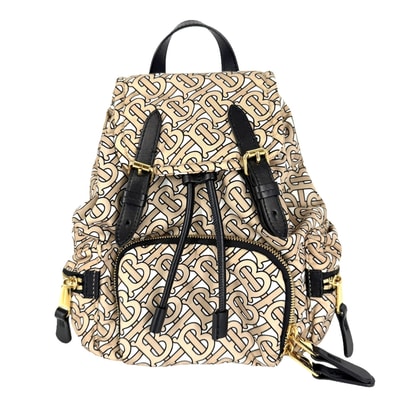 BURBERRY バーバリー リュック TBモノグラム バックパック 肩掛け ナイロン レザー ベージュ ホワイト 白 ゴールド金具 レディース 美品【中古品】