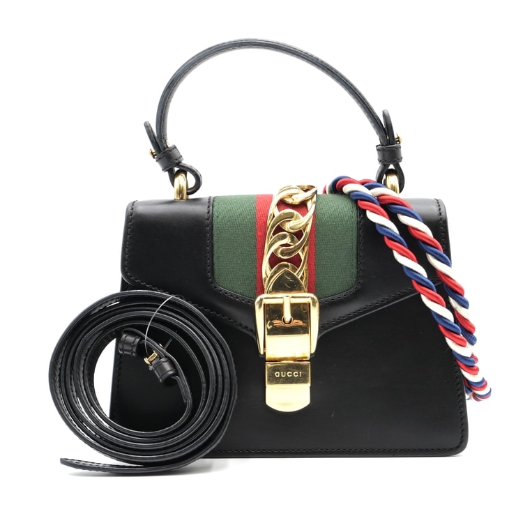 GUCCI(グッチ)シルヴィ ミニ 2WAY ハンドバッグ ショルダーバッグ ブラック レザー シェリーライン ゴールド金具 チェーンバックル リボンストラップ レディース 470270【中古】