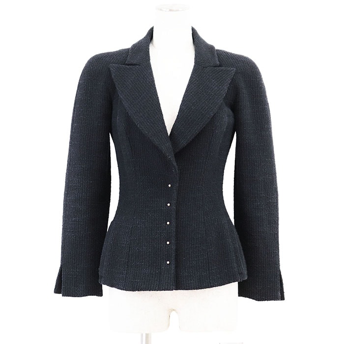 美品 シャネル 02A P19721 ツイード フェイクパール ジャケット レディース ネイビー 36 CHANEL