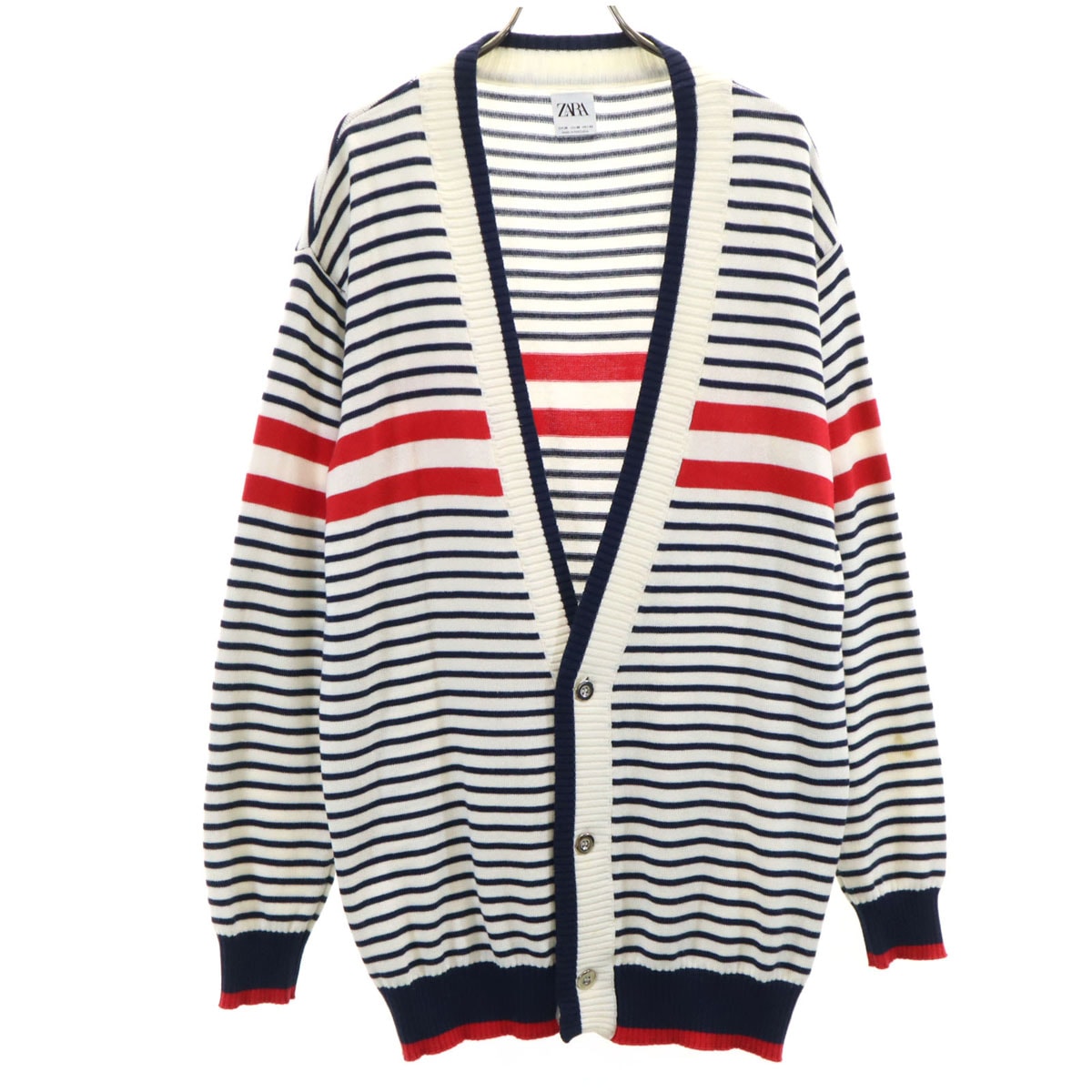 ZARA ザラ ポルトガル製 ボーダー柄 長袖 Vネック ニットカーディガン M オフホワイト