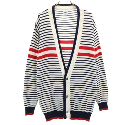 ZARA ザラ ポルトガル製 ボーダー柄 長袖 Vネック ニットカーディガン M オフホワイト