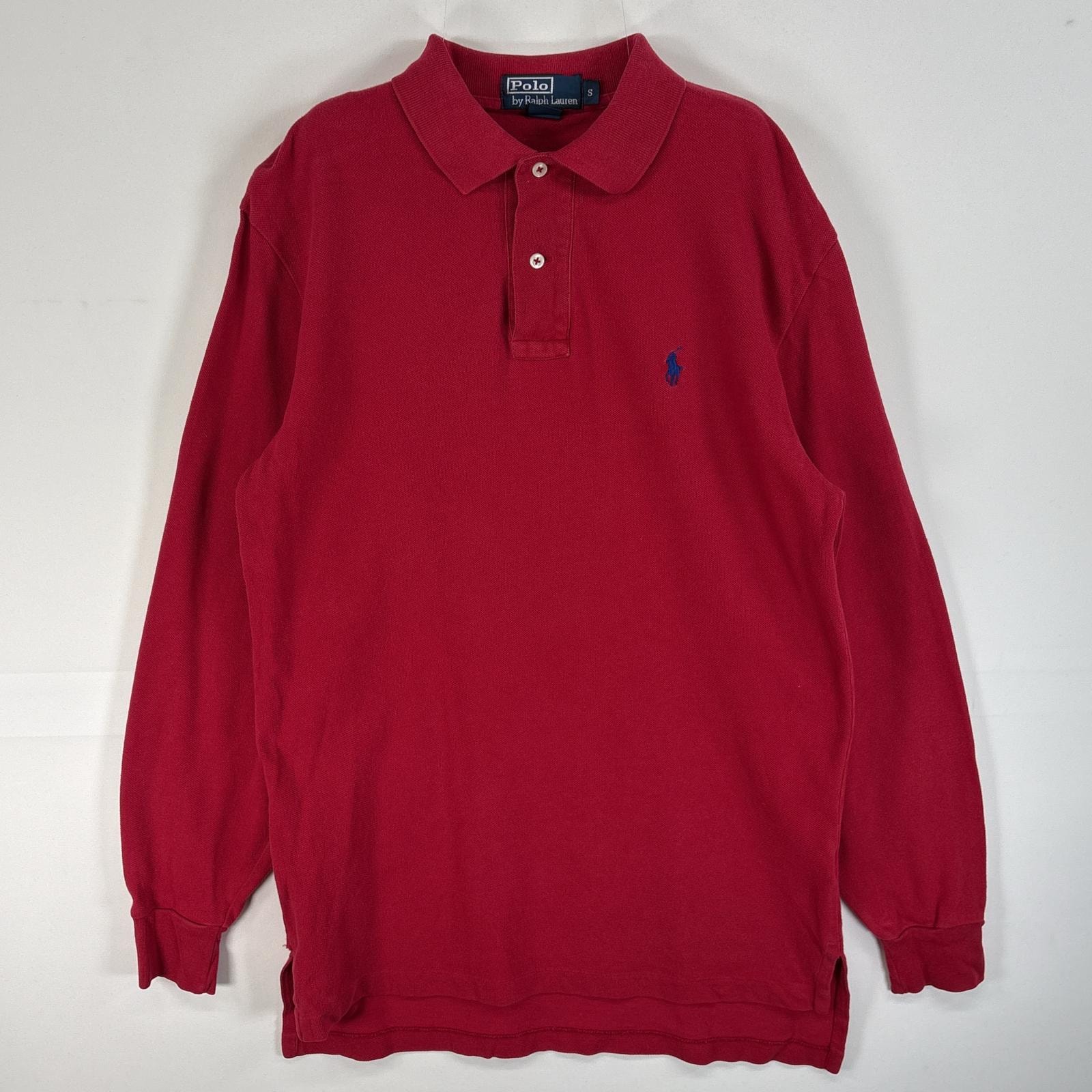 古着 90's/90年代 ポロバイラルフローレン Polo by Ralph Lauren 鹿の子 長袖 ポロシャツ ロゴ 刺繍 2ボタン S  レッド 無地 メンズ