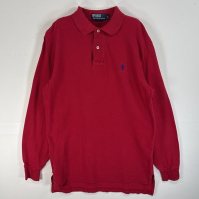古着 90's/90年代 ポロバイラルフローレン Polo by Ralph Lauren 鹿の子 長袖 ポロシャツ ロゴ 刺繍 2ボタン S レッド 無地 メンズ