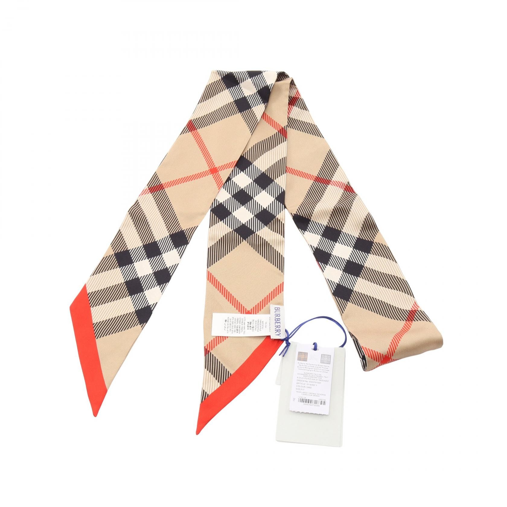 バーバリー BURBERRY Skinny Check Silk Scarf スカーフ 衣料品 シルク レディース ベージュ系 / ブラック系 / レッド系 【中古】