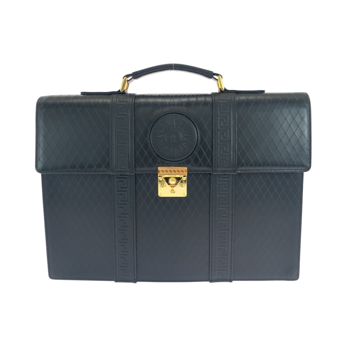 美品 VERSACE ヴェルサーチ ヴィンテージ サンバースト ブラック 黒 ゴールド金具 レザー ビジネスバッグ ブリーフケース ハンドバッグ 503231 【中古】