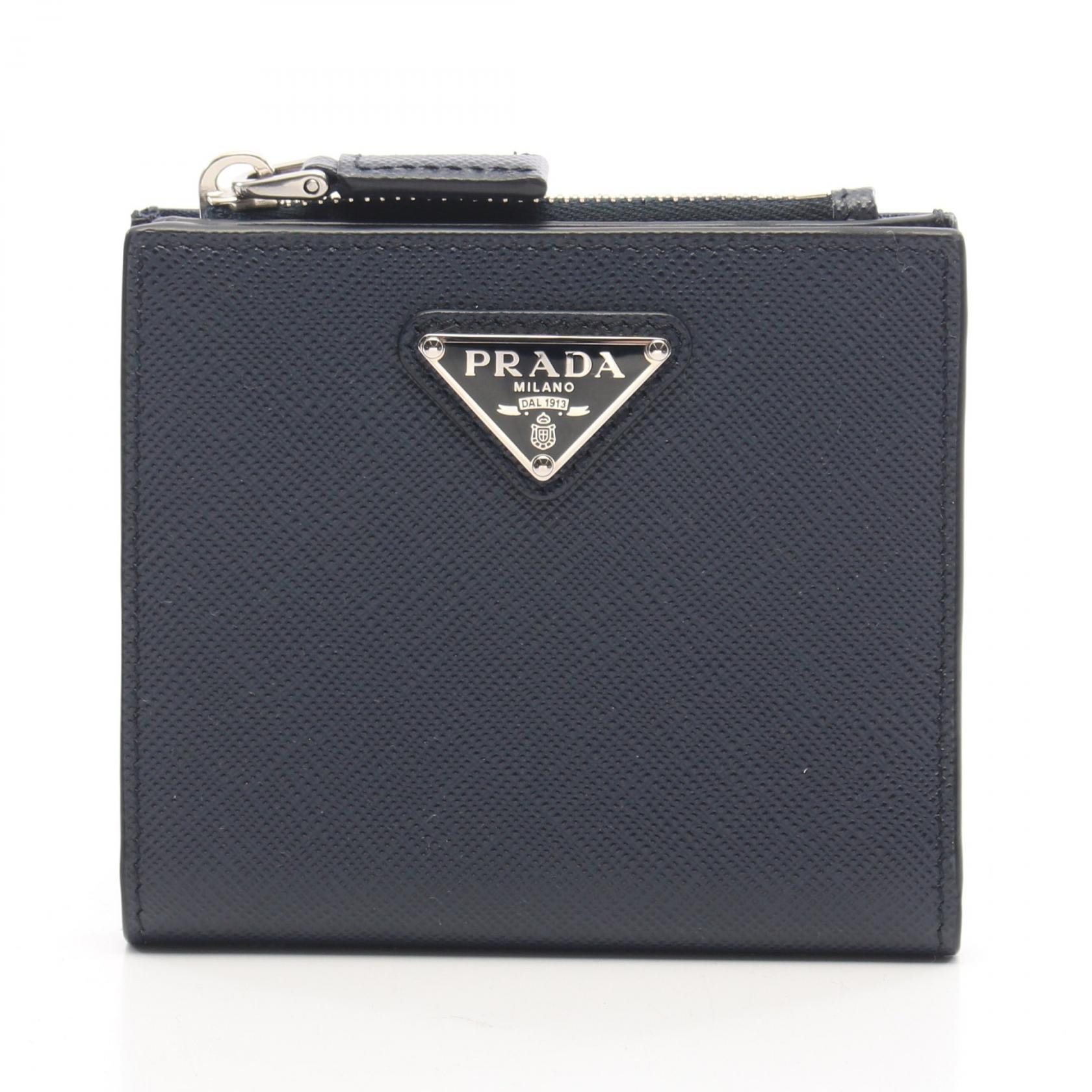 プラダ PRADA 三角プレート 二つ折り財布 財布 サフィアーノレザー メンズ ネイビー系 2ML049 【中古】