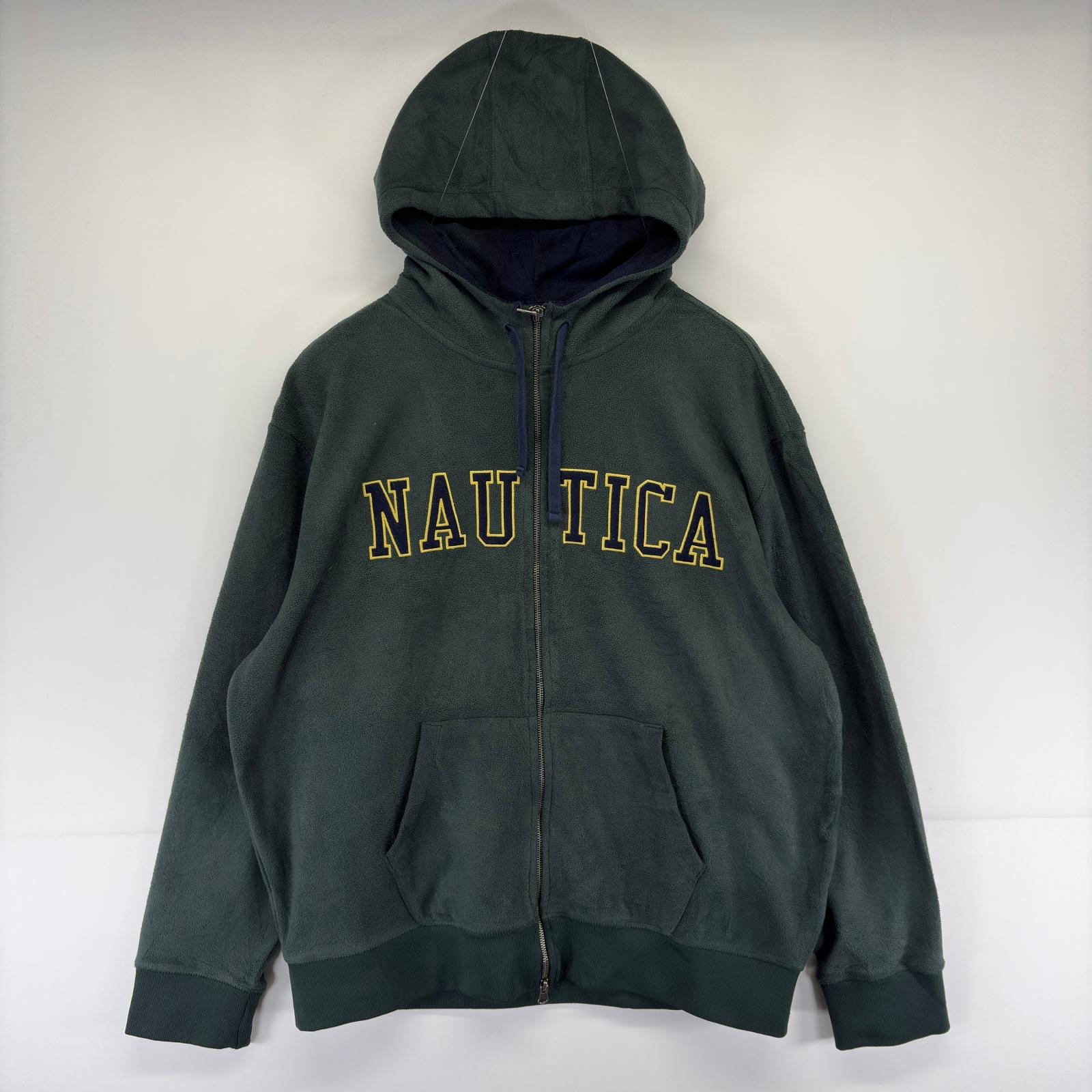 古着 ノーティカ NAUTICA フリース パーカー フルジップ ロゴワッペン 大きいサイズ フーディ XL  グリーン系 メンズ