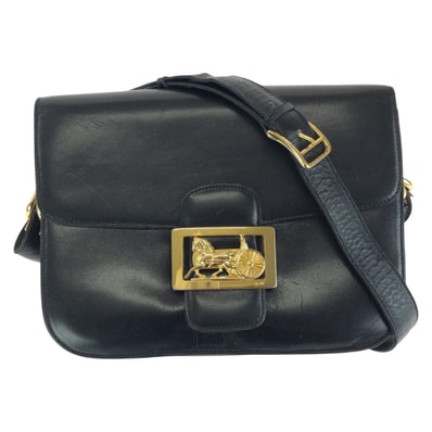 CELINE セリーヌ ヴィンテージ 馬車金具 ホースキャリッジ ブラック 黒 ゴールド金具 レザー ショルダーバッグ 602427 【中古】