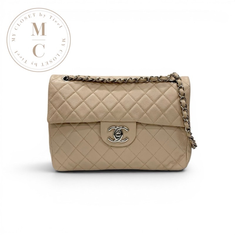 シャネル CHANEL バッグ ショルダーバッグ ベージュ シルバー デカマトラッセ ターンロック ココマーク シングルフラップ ダブルチェーン