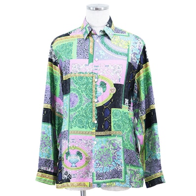 【極美品】VERSACE ヴェルサーチ 長袖シャツ HERITAGE FIT ロゴ ボタン メデューサ バロック レオパード フローラル 花柄 総柄 クレイジーパターン シルク100% トップス メンズ サイズ 40 マルチカラー イタリア製