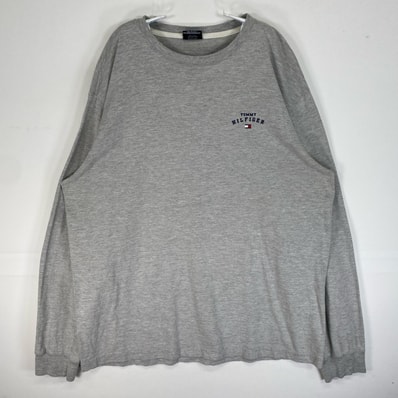 古着 トミーヒルフィガー TOMMY HILFIGER 長袖Tシャツ ロゴ クルーネック L グレー 両面プリント メンズ