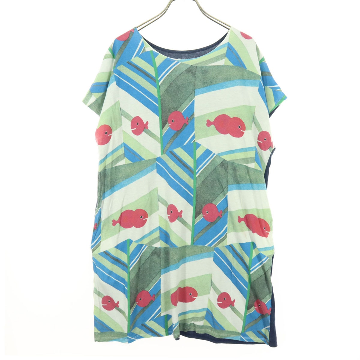 graniph グラニフ 五味太郎コラボ 金魚柄 半袖 ミニワンピース Tシャツ F ネイビー系 金魚がにげた ミラー柄