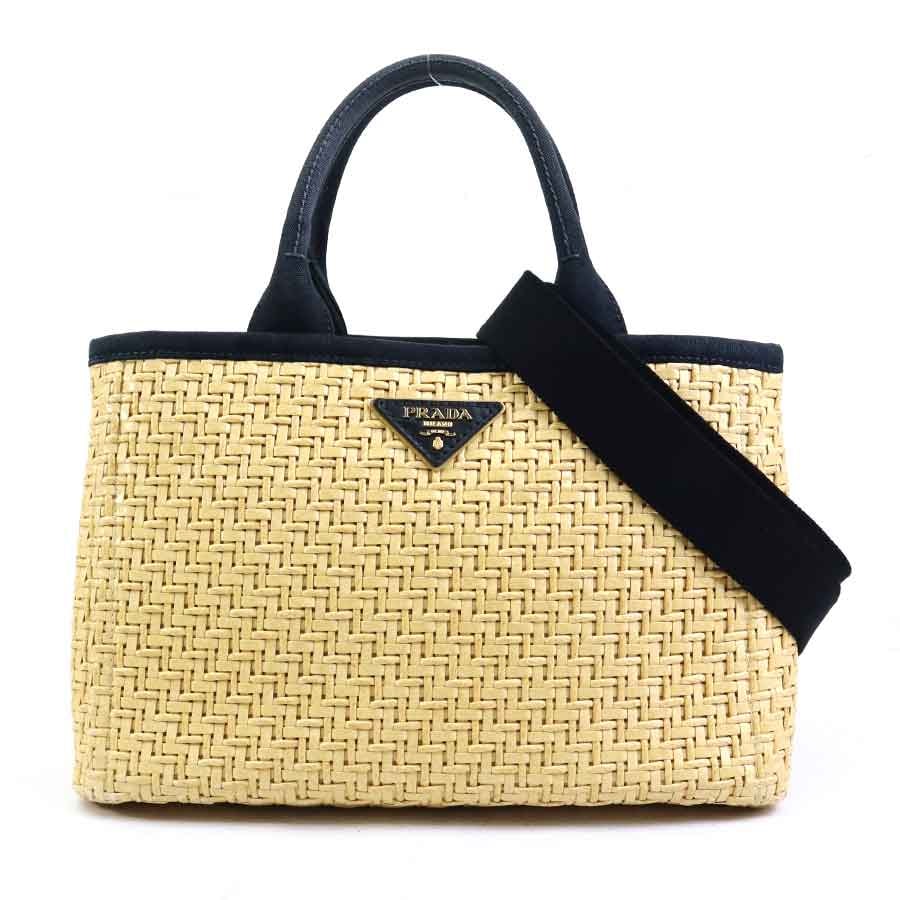 プラダ PRADA ハンドバッグ ショルダーバッグ かごバッグ ストロー/キャンバス ベージュ/ブラック ゴールド レディース【中古】 e60916a
