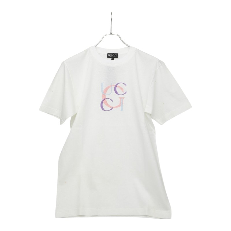 グッチ ロゴ 刺繍 Tシャツ サイズS ホワイト マルチカラー コットン メンズ GUCCI 中古
