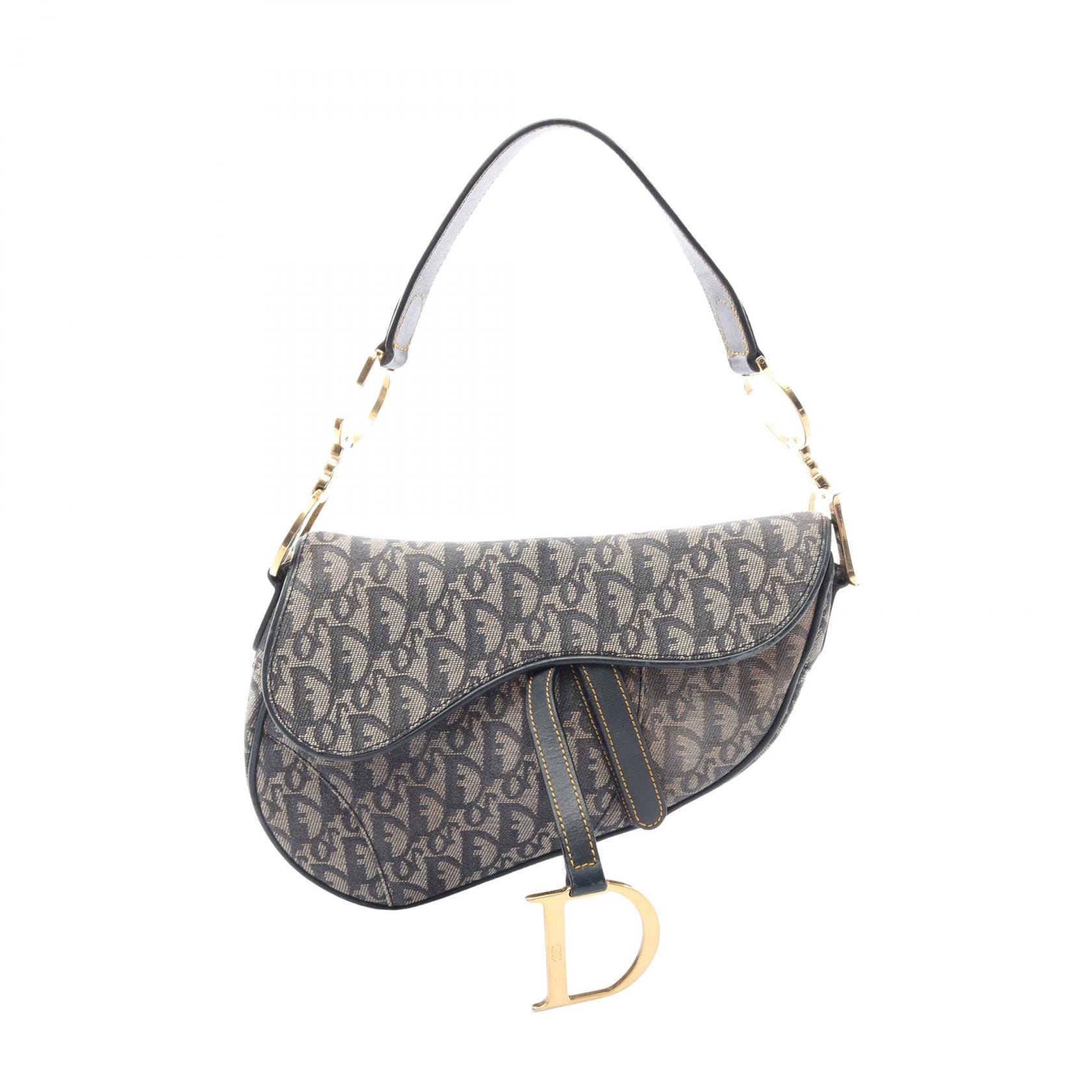 ディオール Dior サドルバッグ トロッター ハンドバッグ バッグ キャンバス レザー レディース グレー系 / ネイビー系 【中古】