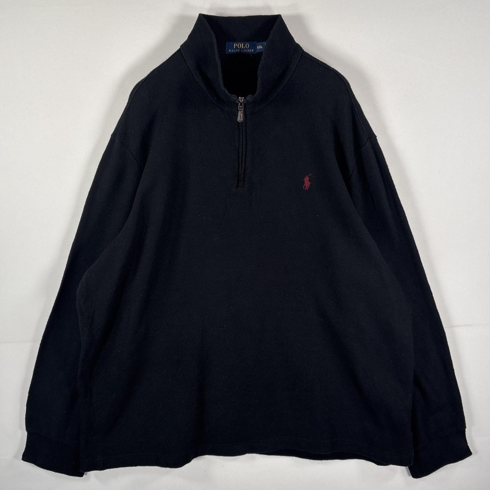 古着 ポロ・ラルフローレン POLO RALPH LAUREN スウェット ハーフジップ 薄手 ワンポイントロゴ刺繍 ビッグサイズ 14041  ブラック メンズ