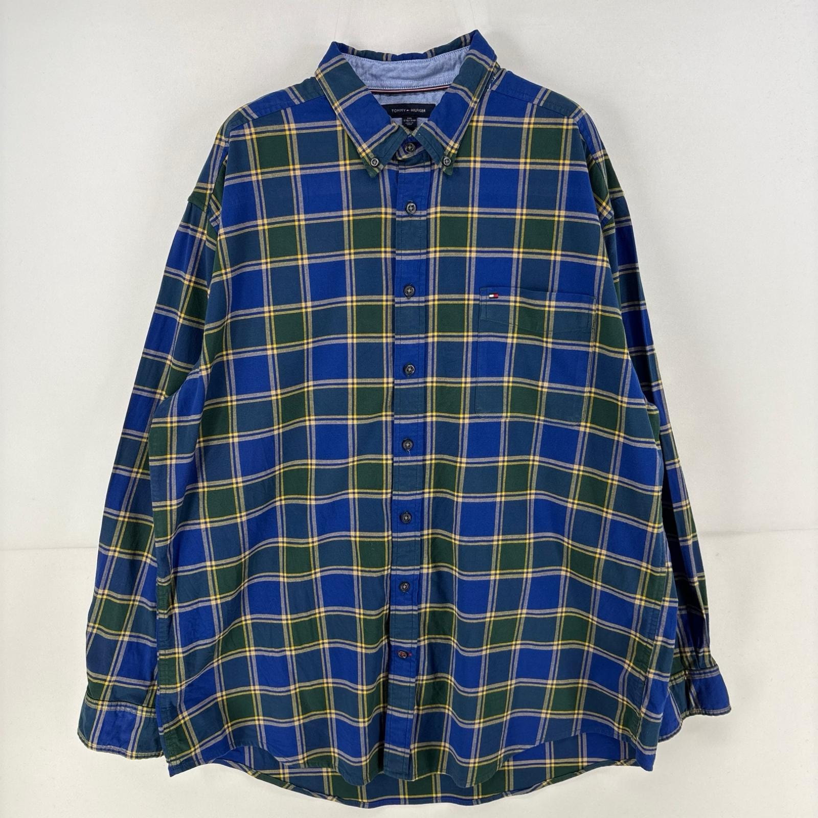 古着 トミーヒルフィガー TOMMY HILFIGER 長袖シャツ ロゴ 胸ポケット 大きいサイズ ビッグ 2XL  ブルー系 チェック メンズ