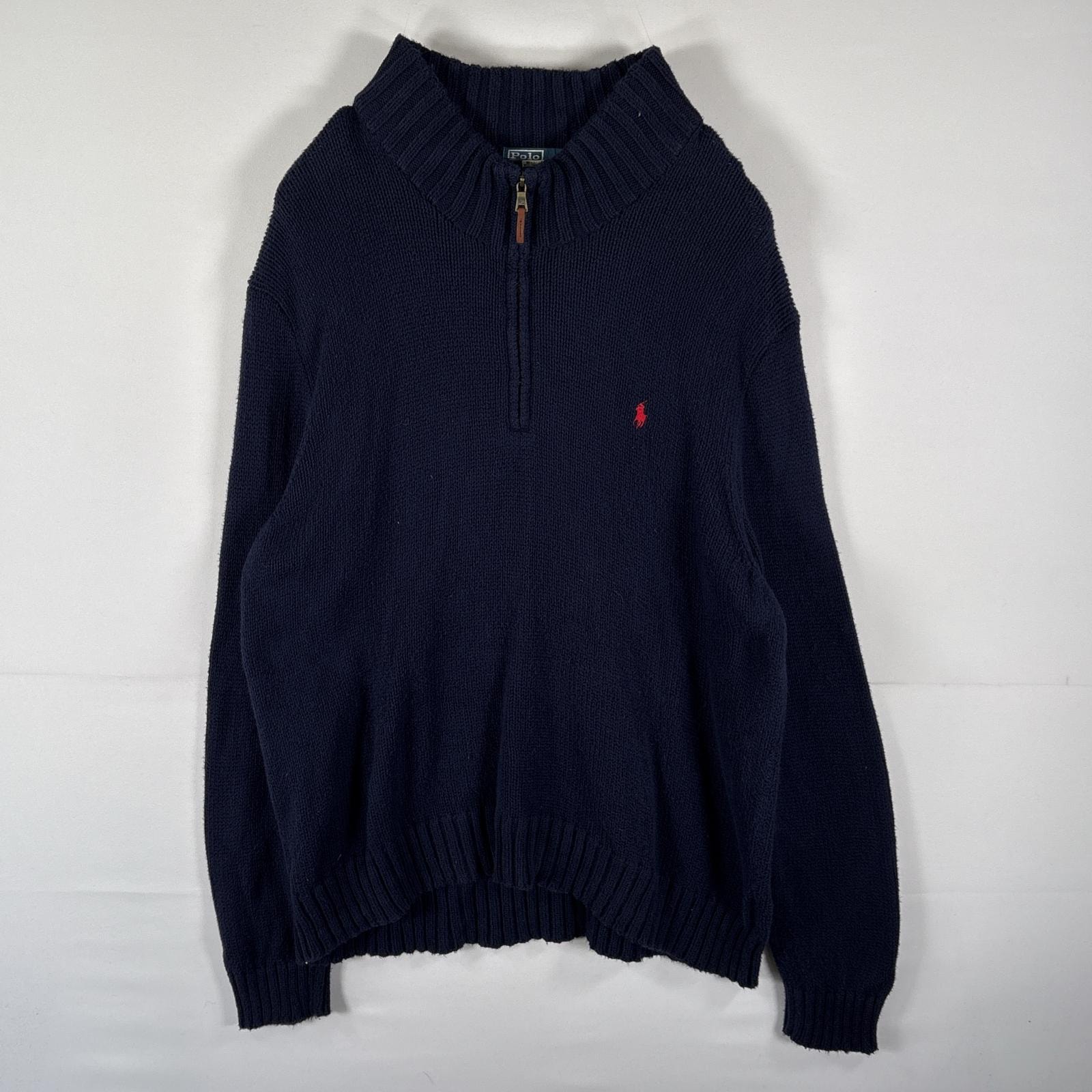 古着 ポロバイラルフローレン Polo by Ralph Lauren セーター コットンニット ハーフジップ ワンポイントロゴ 大きいサイズ 14041  ネイビー メンズ