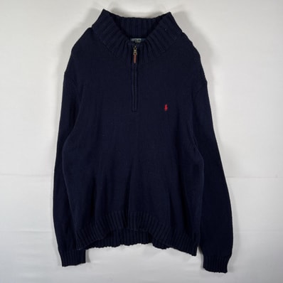 古着 ポロバイラルフローレン Polo by Ralph Lauren セーター コットンニット ハーフジップ ワンポイントロゴ 大きいサイズ 14041 ネイビー メンズ