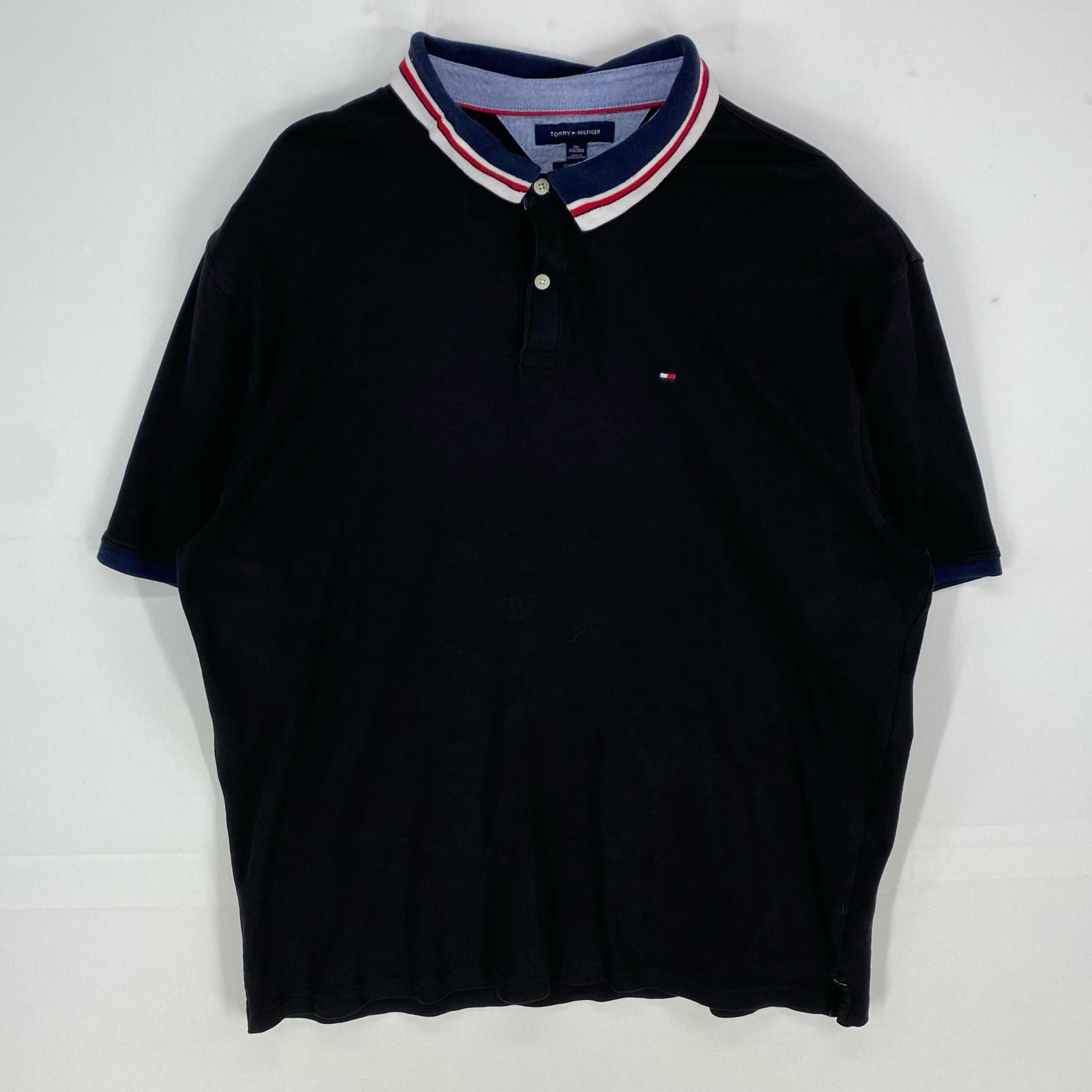 古着 トミーヒルフィガー TOMMY HILFIGER 半袖シャツ 刺繍ロゴ ワンポイント ポロシャツ 3XL  ブラック系 メンズ