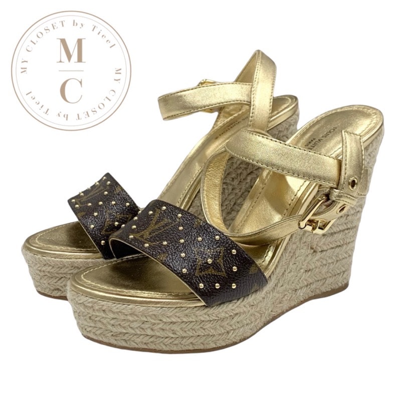 ルイヴィトン LOUIS VUITTON スターボードライン モノグラム サンダル 靴 シューズ レザー ゴールド ブラウン ウェッジソール スタッズ