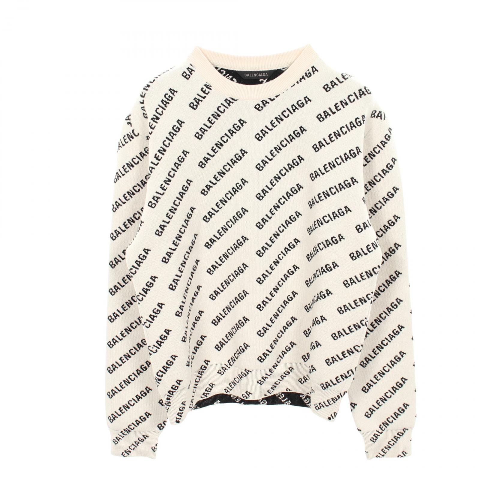 バレンシアガ BALENCIAGA ロゴ総柄 クルーネック ニット 衣料品 トップス コットン メンズ レディース ホワイト系 / ブラック系 【中古】