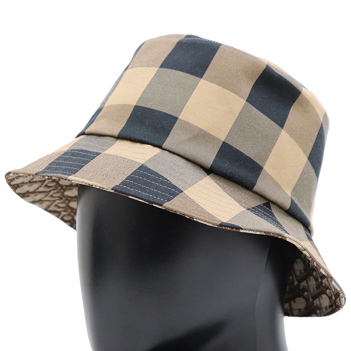 【極美品】Christian Dior クリスチャンディオール ボブハット サイズ 57 メンズ レディース ユニセックス TEDDY-D ブロックチェック シグネチャー ロゴ オブリーク バケットハット 帽子 小物 ブラウン系 茶色 イタリア製