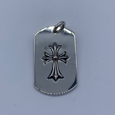Chrome Hearts Cut Out Tiny Cross Large Dog Tag Necklace Top "Silver"