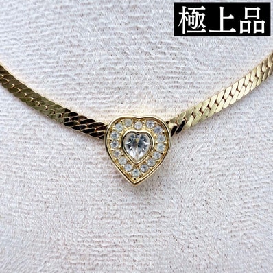 【極上品】Christian Dior クリスチャンディオール ラインストーン ハート ネックレス レディース ゴールド