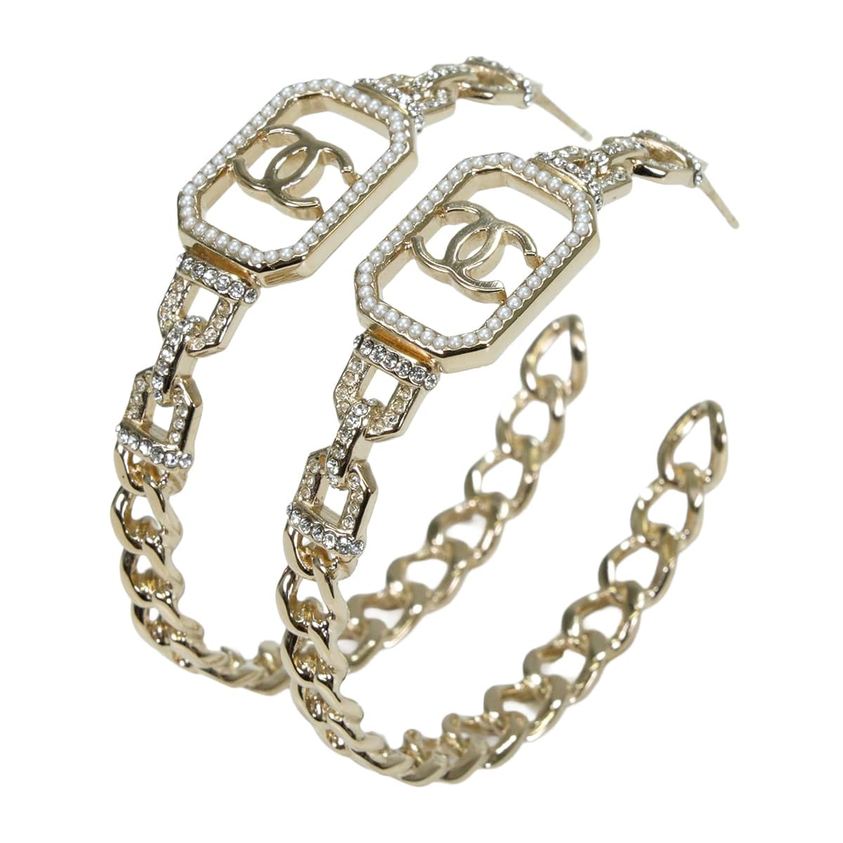 2020年春夏 CHANEL シャネル フープ ピアス オクタゴン ココマーク パール シャンパンゴールド メタル/ストラス/コスチュームパール シャンパンゴールド金具 AB3662 新品未使用