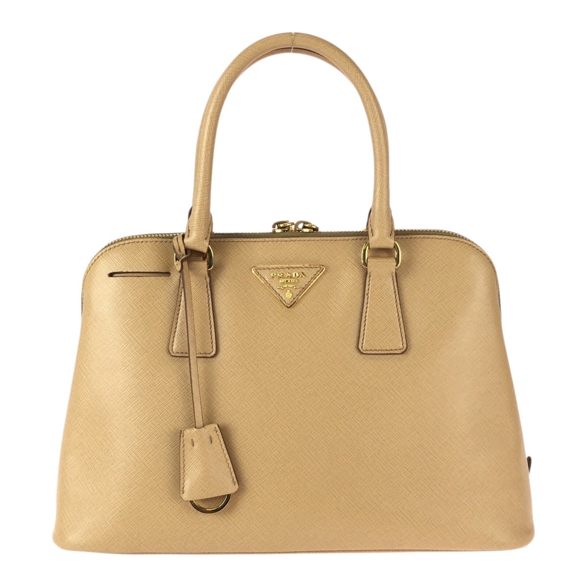 美品 PRADA プラダ サフィアーノ 三角ロゴプレート ベージュ ゴールド金具 レザー トートバッグ ハンドバッグ 600154 【中古】