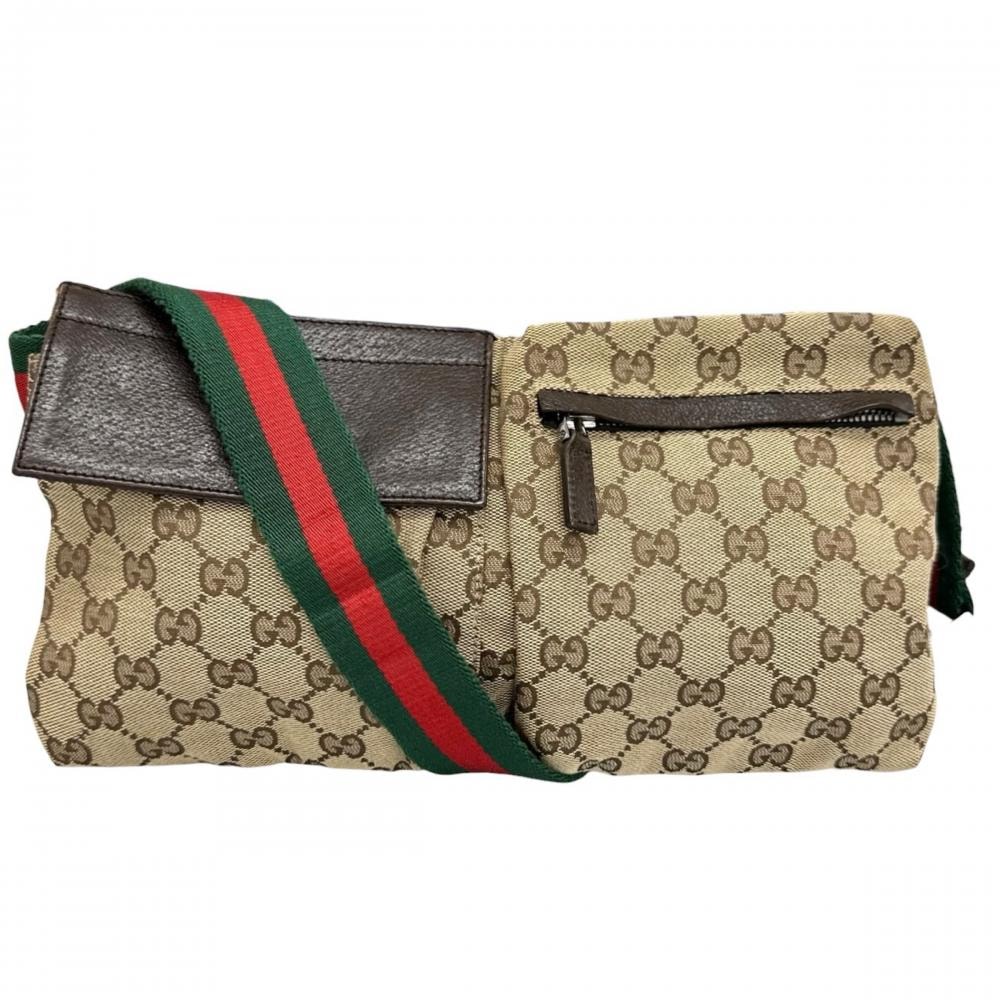 GUCCI グッチ ウエストバッグ シェリーライン ボディバッグ 斜め掛け 28566 GGキャンバス    ブラウン 茶 シルバー金具 メンズ【中古品】