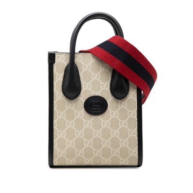 グッチ GGスプリーム ミニトートバッグ ショルダーバッグ 2WAY 699406 ナチュラル ネイビー PVC レザー レディース GUCCI 【中古】