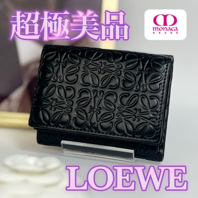 超極美品 LOEWE リピートアナグラム 三つ折り財布 ブラック レディース メンズ