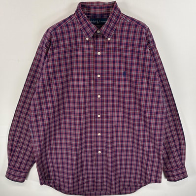 古着 90's/90年代 ラルフローレン RALPH LAUREN 長袖シャツ ボタンダウンシャツ ワンポイント ロゴ 刺繍 BLAKE M ネイビー系 チェック メンズ
