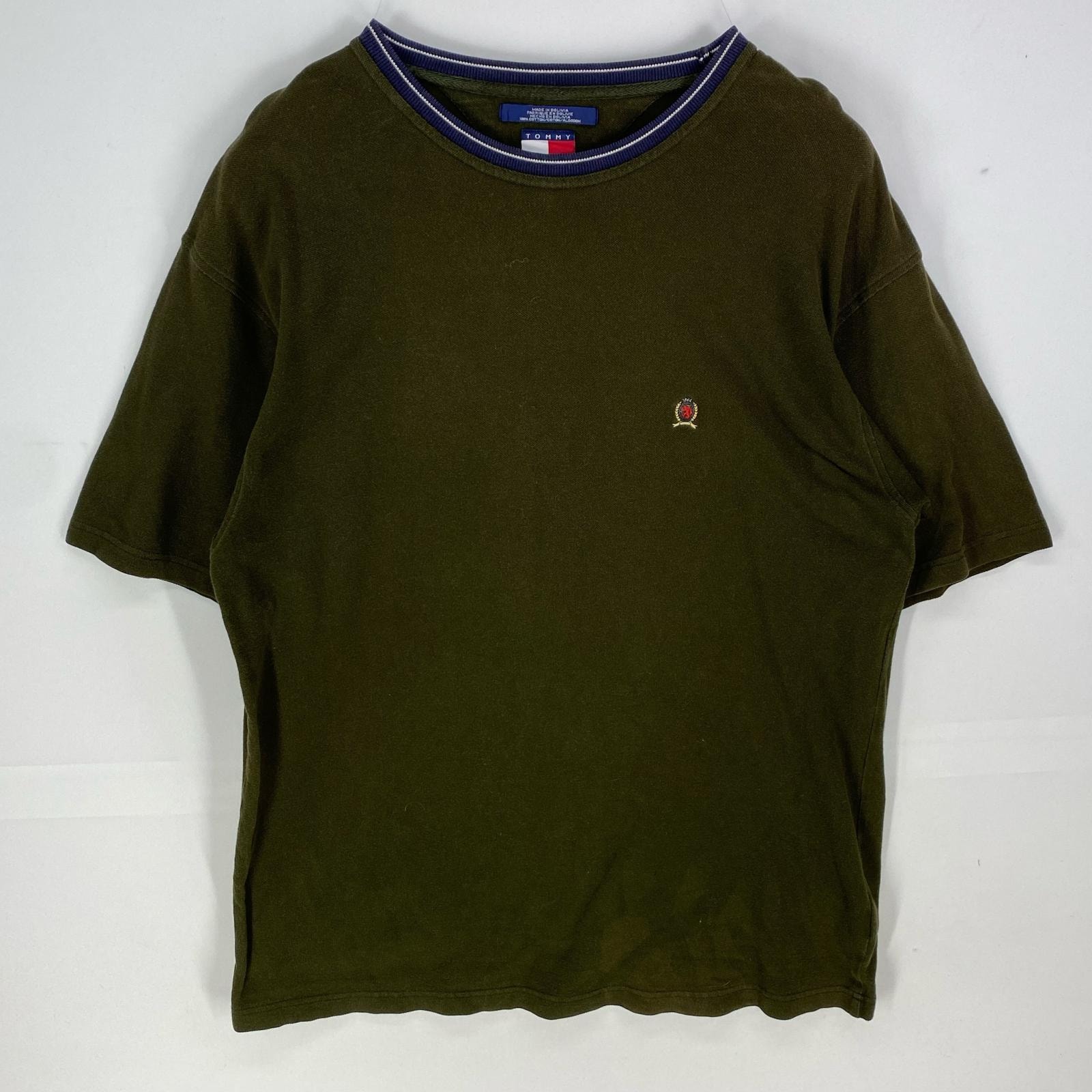 古着 90's/90年代 トミーヒルフィガー TOMMY HILFIGER 鹿の子 半袖Tシャツ ワンポイント ロゴ刺繍 クルーネック XL カーキ系 メンズ