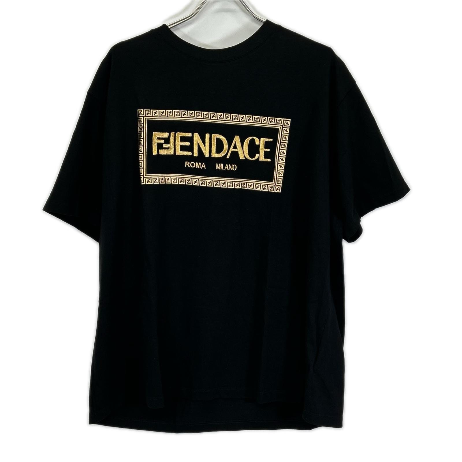 ヴェルサーチェ 【×FENDI】1006423 ブラック FENDACE ロゴ刺繍 バックプリント Tシャツ XL