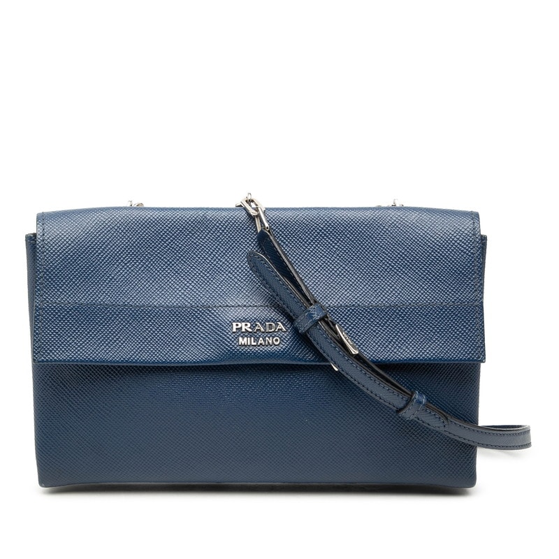 プラダ フラップ チェーン ショルダーバッグ ネイビー サフィアーノレザー レディース PRADA 【中古】