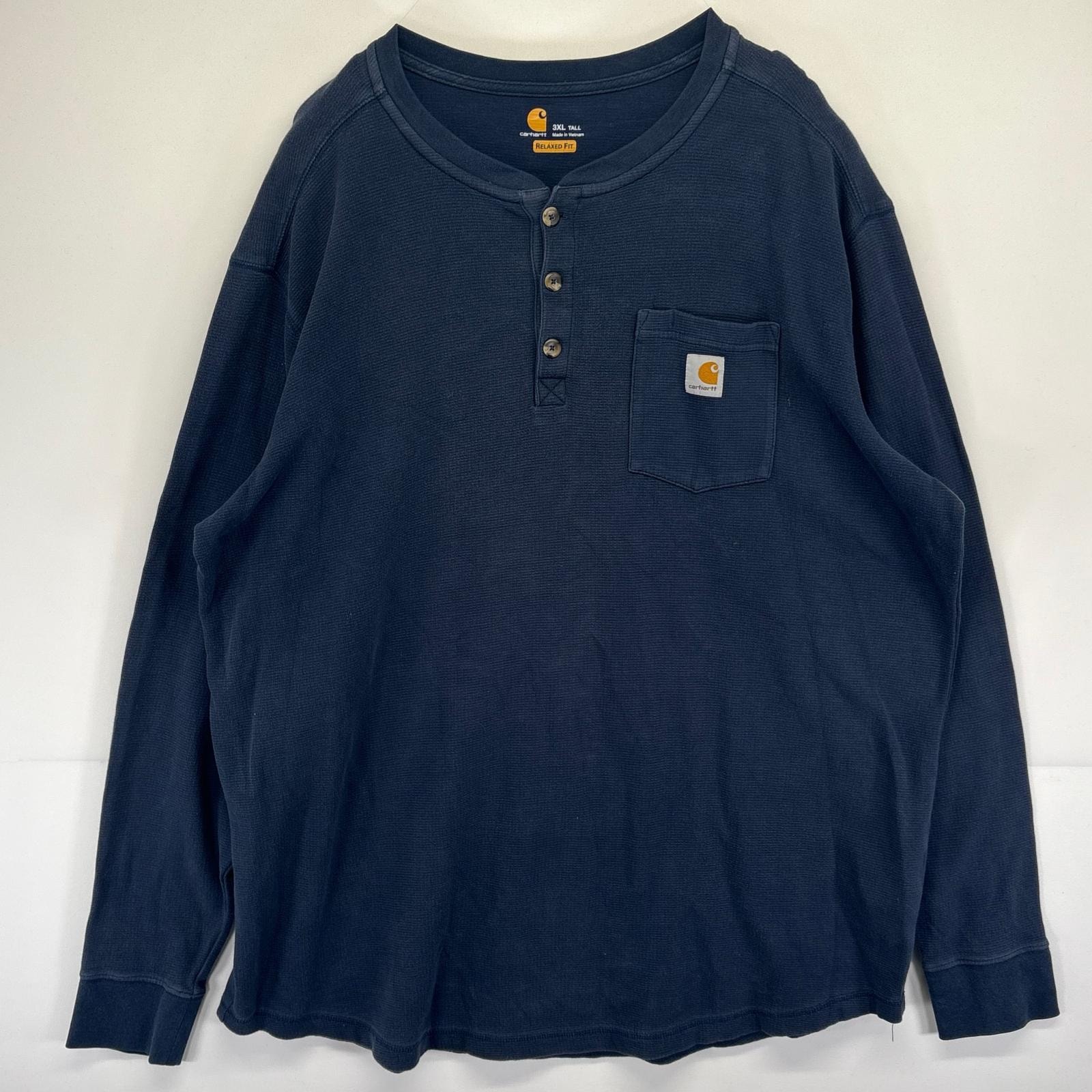 古着 カーハート Carhartt 長袖Tシャツ 大きいサイズ 厚手 プルオーバー ヘンリーネック ワンポイントロゴ 3XL  ネイビー メンズ