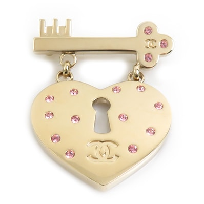シャネル CHANEL ブローチ ハートロック&キー メタル/ラインストーン ゴールド/ピンク レディース【中古】 e61672a