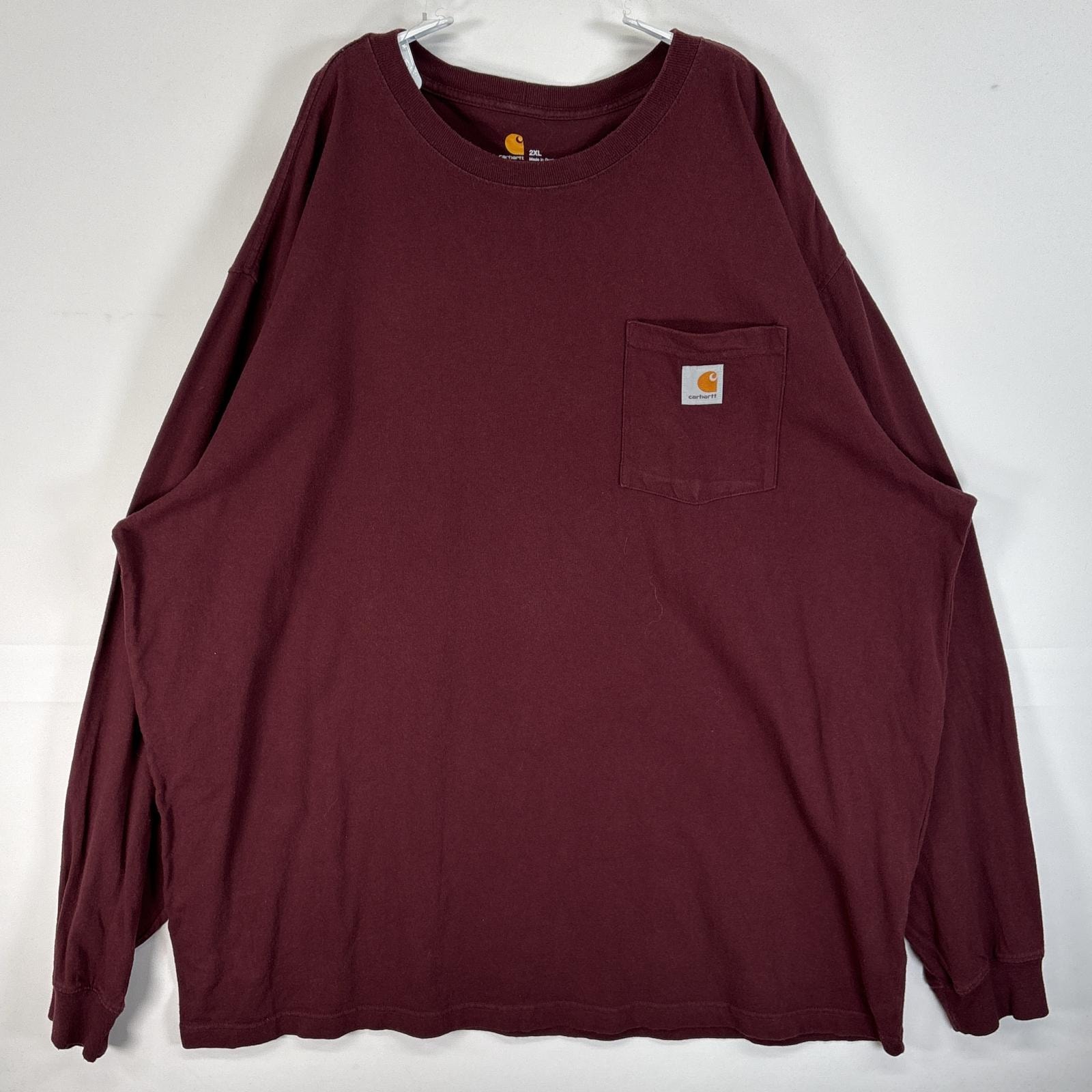 古着 カーハート Carhartt 長袖Tシャツ ワンポイント ロゴ 大きいサイズ 肉厚 クルーネック 2XL  ワインレッド 無地 メンズ