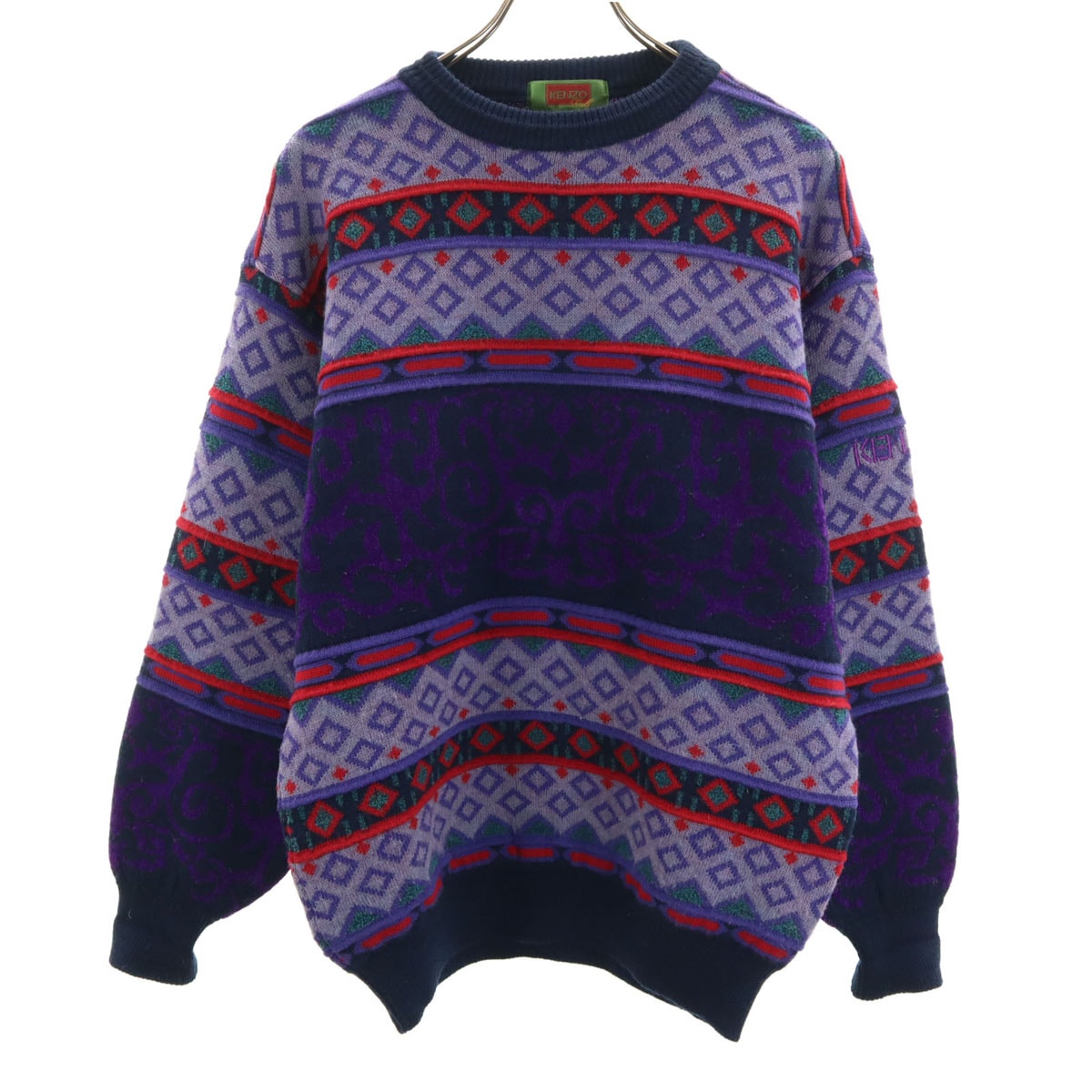 KENZO ケンゾー 90s 日本製 ウールブレンド オールド 総柄 ゴルフ 長袖 セーター 3 パープル系 ニット
