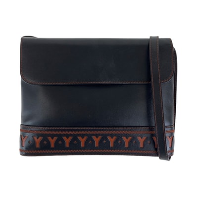 YVES SAINT LAURENT イヴ サンローラン ヴィンテージ YSL Yカットアウト ブラック 黒 オレンジ ゴールド金具 レザー ショルダーバッグ メッセンジャーバッグ 504703 【中古】